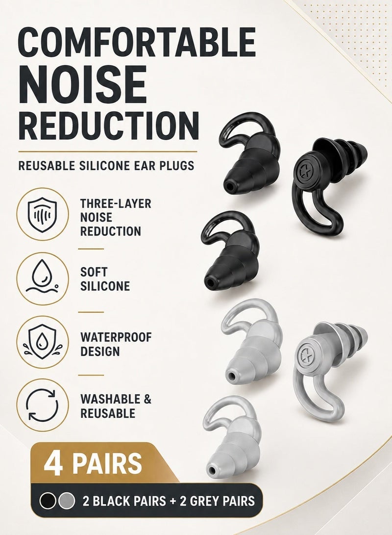 Sisily 4Pairs Reusable Silicone Ear Plugs, 2 Black Pairs and 2 Grey Pairs, Waterproof Noise Reduction Earplugs for Sleeping, Snoring, Swimming, Airplanes, Work and Studying - Image 2