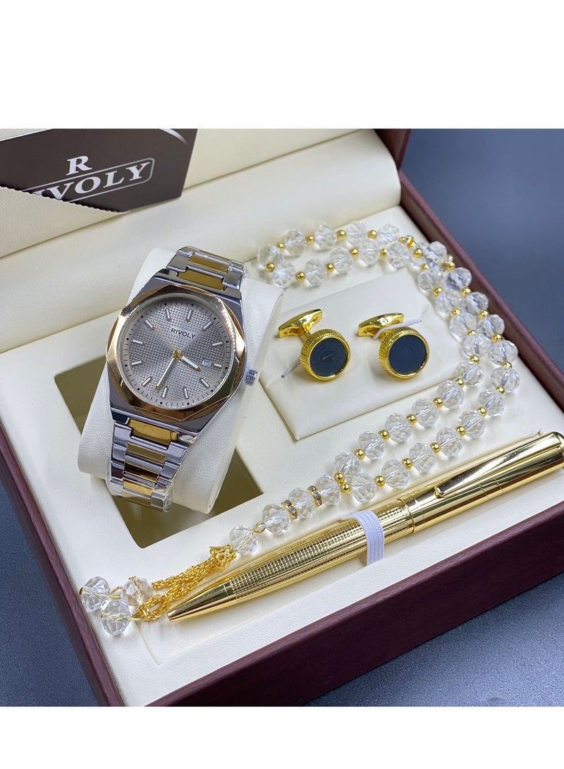 ريفولي طقم ساعة رجالية من 4 قطع ساعة يد مع قلم ومجموعة من الأزرار - Image 1