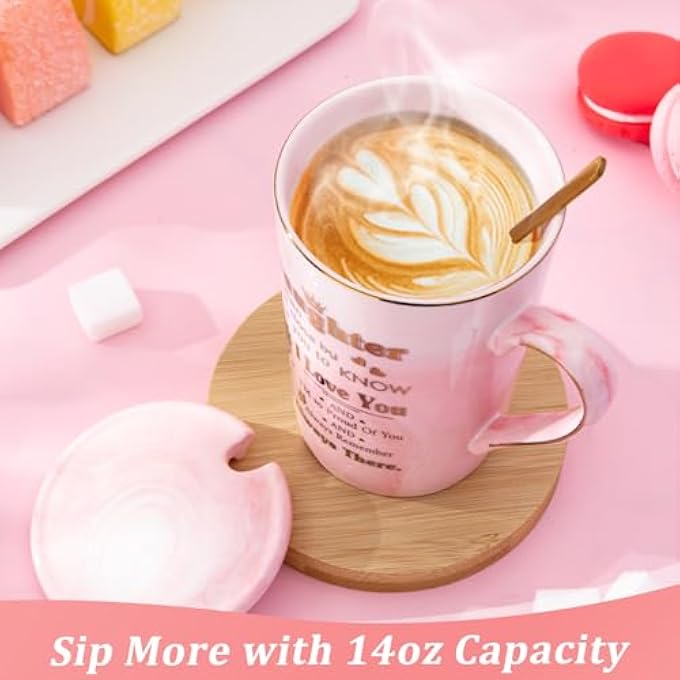 ALBISS هدايا عيد ميلاد الابنة من الأم والأب، كوب قهوة وردي رخامي سيراميكي مطبوع عليه باللون الذهبي، سعة 14 أونصة، هدية رائعة للتخرج وعيد الميلاد 18 و21 و30 و50 مع غطاء وملعقة وبطاقة وصندوق هدايا فاخر - Image 4