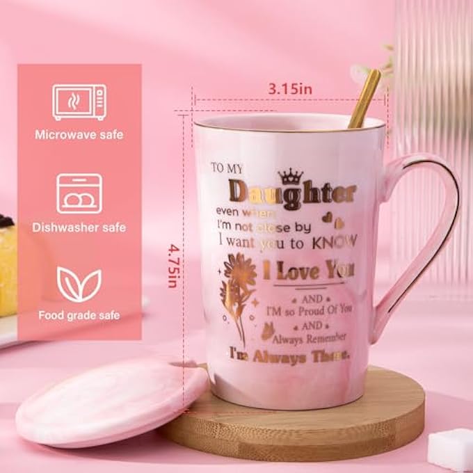 ALBISS هدايا عيد ميلاد الابنة من الأم والأب، كوب قهوة وردي رخامي سيراميكي مطبوع عليه باللون الذهبي، سعة 14 أونصة، هدية رائعة للتخرج وعيد الميلاد 18 و21 و30 و50 مع غطاء وملعقة وبطاقة وصندوق هدايا فاخر - Image 2