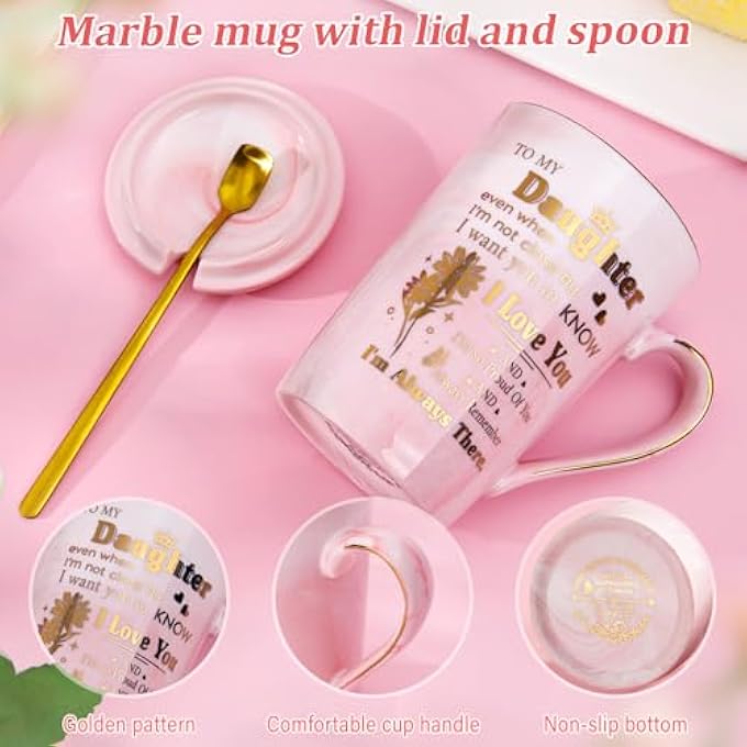 ALBISS هدايا عيد ميلاد الابنة من الأم والأب، كوب قهوة وردي رخامي سيراميكي مطبوع عليه باللون الذهبي، سعة 14 أونصة، هدية رائعة للتخرج وعيد الميلاد 18 و21 و30 و50 مع غطاء وملعقة وبطاقة وصندوق هدايا فاخر - Image 3