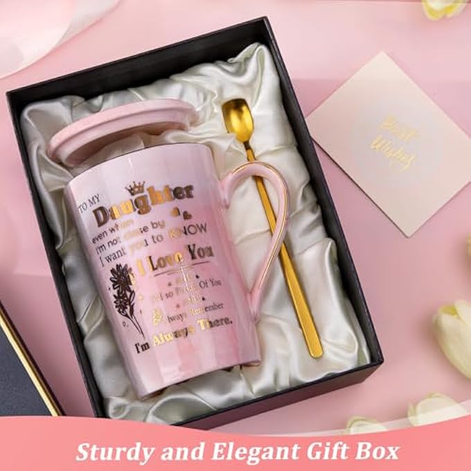 ALBISS هدايا عيد ميلاد الابنة من الأم والأب، كوب قهوة وردي رخامي سيراميكي مطبوع عليه باللون الذهبي، سعة 14 أونصة، هدية رائعة للتخرج وعيد الميلاد 18 و21 و30 و50 مع غطاء وملعقة وبطاقة وصندوق هدايا فاخر - Image 5