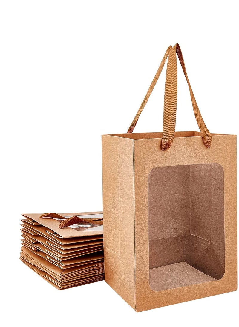 12Pcs Paper Gift Bags with Black Border 25 x 18 x 13 cm Clear  Gift Bag with Window, Paper Bags with Handles Gift Bags Gift Wrap Bags for Present Bouquets Bridal Shower Festivals Party Supplies (Brown - Image 1