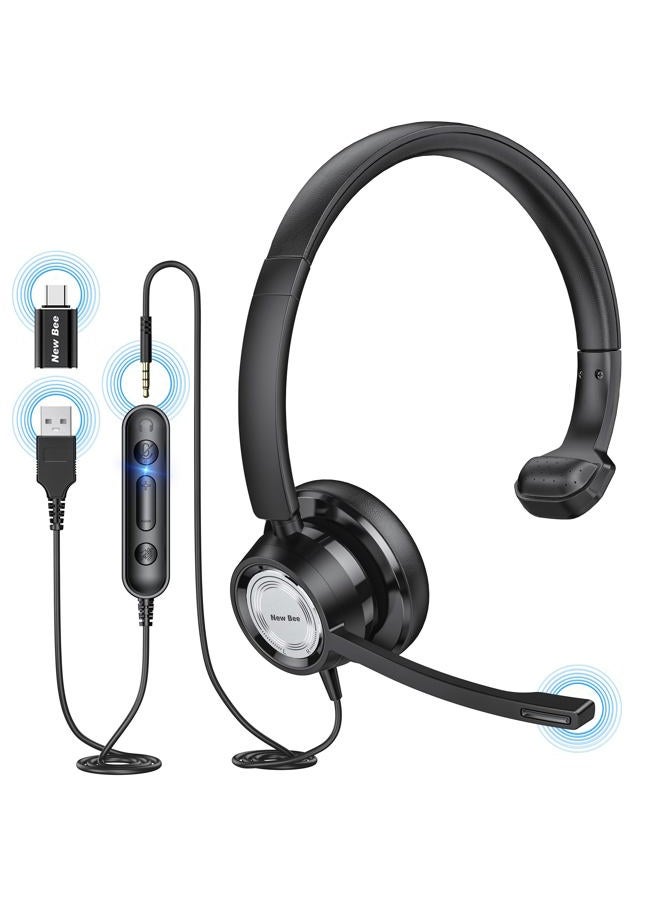 New Bee USB Headset with Microphone for PC Computer Headset, Single Ear Headset Noise Cancelling Mic, Call Center Wired Headset with 3.5mm/USB/Type C for Skype Zoom Tablet Laptop - Image 1