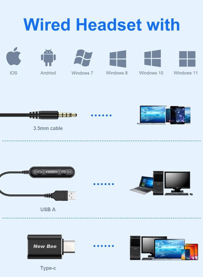 New Bee USB Headset with Microphone for PC Computer Headset, Single Ear Headset Noise Cancelling Mic, Call Center Wired Headset with 3.5mm/USB/Type C for Skype Zoom Tablet Laptop - Image 5