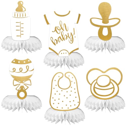 ELEFOCUS 6pcs Baby Shower Centerpieces for Neutral Gold Baby Shower Decorations Oh Baby Honeycomb Gender Neutral Baby Shower Decorations Table Decorations - Image 1