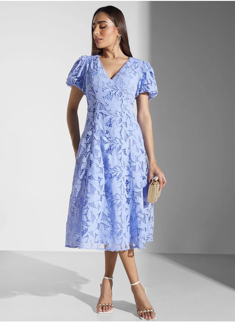 True Decadence Puff Sleeve V-Neck Dress