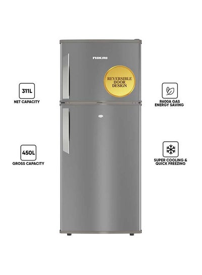 NIKAI 450L Gross / 311 Net, Double Door Refrigerator, With Vegetable Crisper And Adjustable Glass Shelves, Convenient Defrosting And Temperature Control, Ideal For Kitchen, Bedroom, Office And Hotels 450 L 584 kW NRF450DN5S Grey