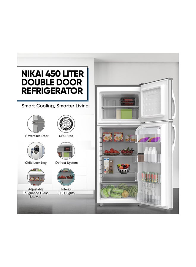 NIKAI 450L Gross / 311 Net, Double Door Refrigerator, With Vegetable Crisper And Adjustable Glass Shelves, Convenient Defrosting And Temperature Control, Ideal For Kitchen, Bedroom, Office And Hotels 450 L 584 kW NRF450DN5S Grey - Image 2