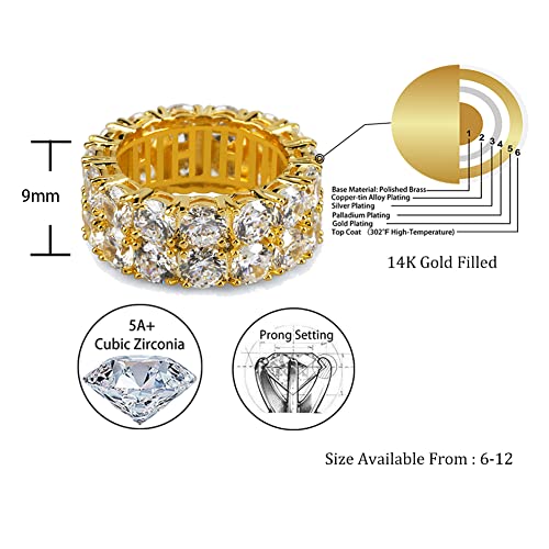 TOPGRILLZ Rings for Men - Men's 14K Gold Plated Brass, Chunky Faux Diamond Band Ring for Women, Unisex, 9mm - 2 Rows Round Cubic Zirconia Eternity (Gols,9) - Image 2