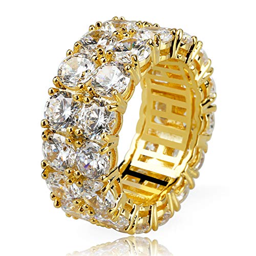 TOPGRILLZ Rings for Men - Men's 14K Gold Plated Brass, Chunky Faux Diamond Band Ring for Women, Unisex, 9mm - 2 Rows Round Cubic Zirconia Eternity (Gols,9) - Image 1