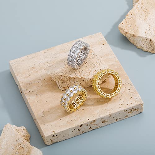 TOPGRILLZ Rings for Men - Men's 14K Gold Plated Brass, Chunky Faux Diamond Band Ring for Women, Unisex, 9mm - 2 Rows Round Cubic Zirconia Eternity (Gols,9) - Image 3