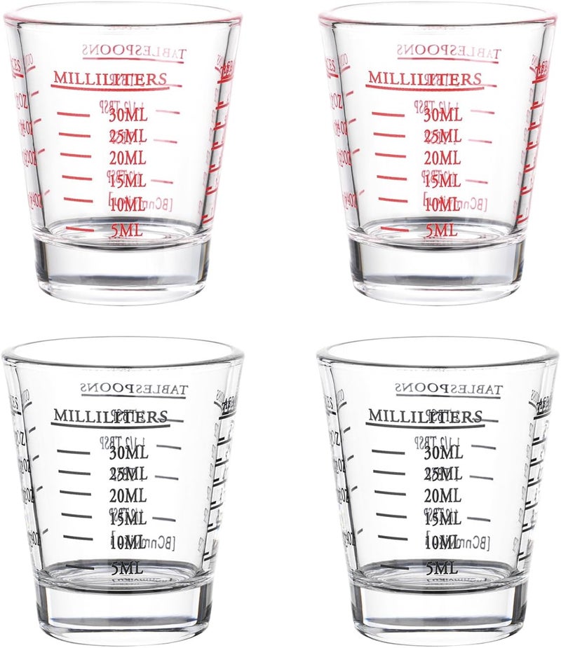 BCnmviku Shot Glasses Measuring cup Espresso Shot Glass Liquid Heavy Glass Wine Glass 26-Incremental Measurement 1oz, 6 Tsp, 2 Tbs, 30ml By (2 pack-Black + 2 pack-Red) - Image 1
