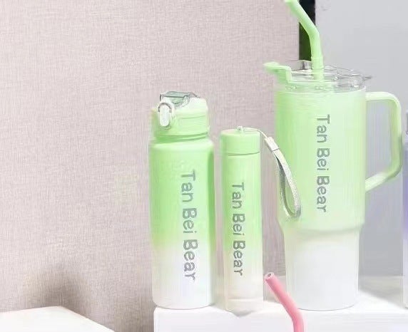 Cross-border 40 gradient color high-looking water cup large capacity plastic cup portable portable Cup three-piece straw Cup White Gradient green three-piece set