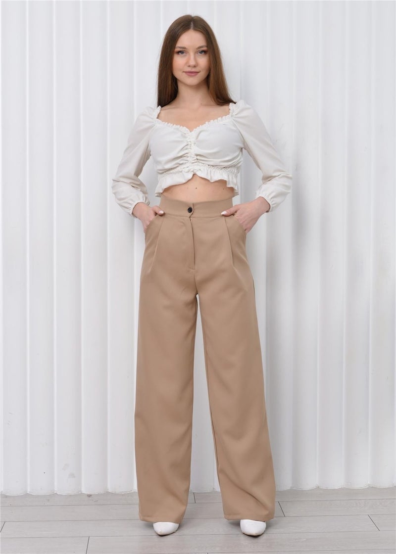 Nuseel Women's High Waist Palazzo Pants Tan  - Image 3