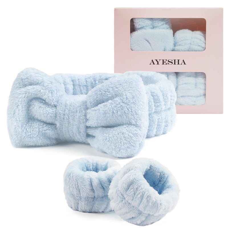 Ayesha Blue Spa Headband and Wristband Set for Skincare Makeup Headband Wrist Cuffs for Washing Face Bubble Skincare Hairband for Women Girls (Blue set) - Image 1