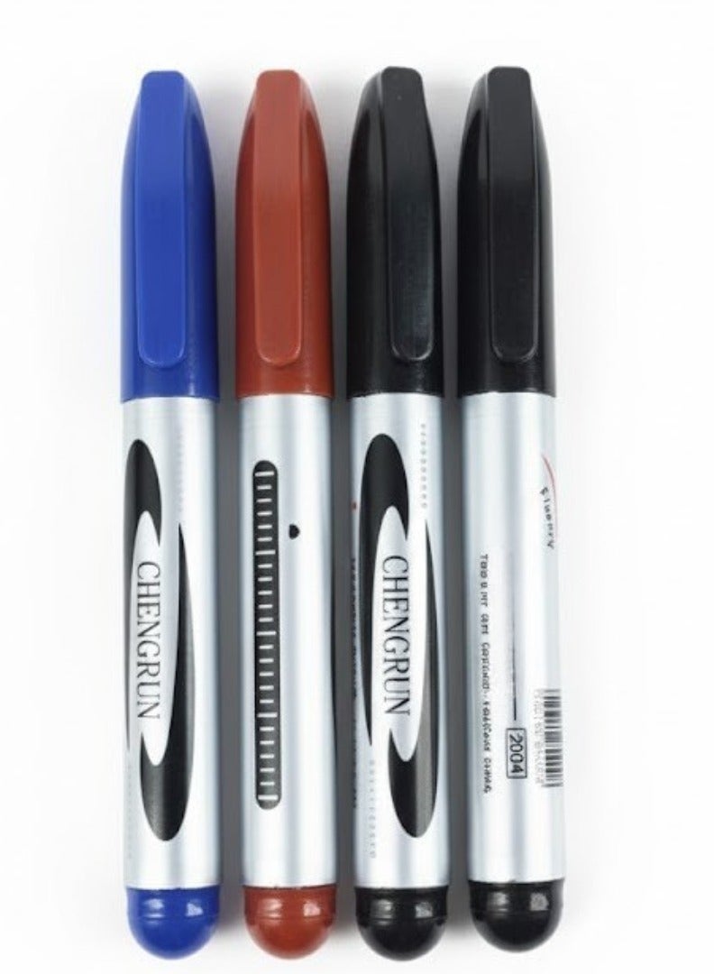 CHENGRUN 4 Pcs Permanent Marker Set – Bold & Long-Lasting Ink, Assorted Colors (Red, Blue, Black) – Quick Dry, Smudge-Proof, Fine Tip Markers for Office, School, Home & Industrial Use - Image 1
