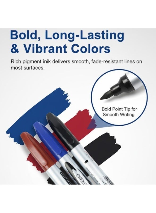 CHENGRUN 4 Pcs Permanent Marker Set – Bold & Long-Lasting Ink, Assorted Colors (Red, Blue, Black) – Quick Dry, Smudge-Proof, Fine Tip Markers for Office, School, Home & Industrial Use - Image 2