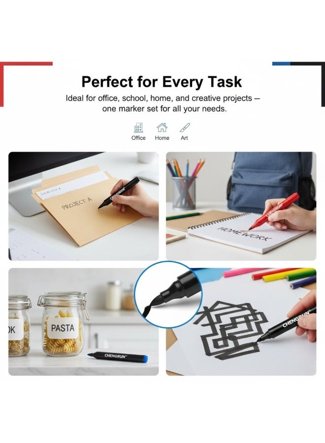 CHENGRUN 4 Pcs Permanent Marker Set – Bold & Long-Lasting Ink, Assorted Colors (Red, Blue, Black) – Quick Dry, Smudge-Proof, Fine Tip Markers for Office, School, Home & Industrial Use - Image 3