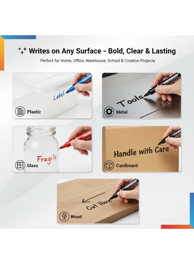 CHENGRUN 4 Pcs Permanent Marker Set – Bold & Long-Lasting Ink, Assorted Colors (Red, Blue, Black) – Quick Dry, Smudge-Proof, Fine Tip Markers for Office, School, Home & Industrial Use - Image 5