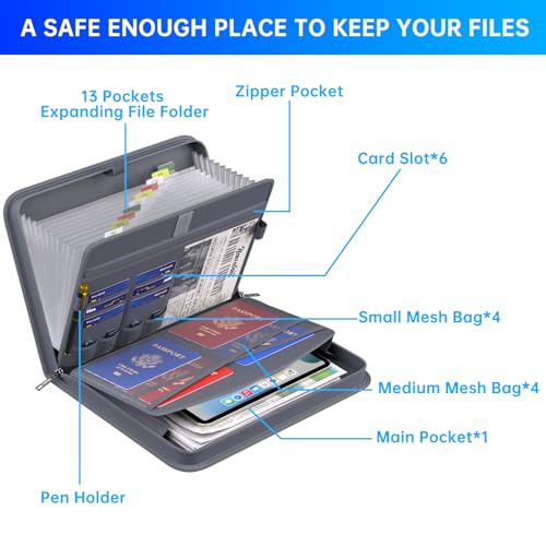 ENGPOW Accordion File Organizer,Fireproof Expanding File Folder with Multi Pockets,13 Pockets Document Organizer Bag with Handle & Labels,Portable Home Travel Safe Storage for Letter A4 Files,Gray - Image 5