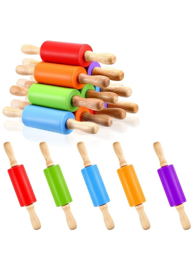 Tinsky 10Pcs 9 Inch Silicone Small Rolling Pin for Kids Wooden Rolling Pins for Baking Mini Rolling Pin Silicone 5 Colors Wooden Handle Rolling Pin for Kitchen Cake Baking Cookie - Image 1