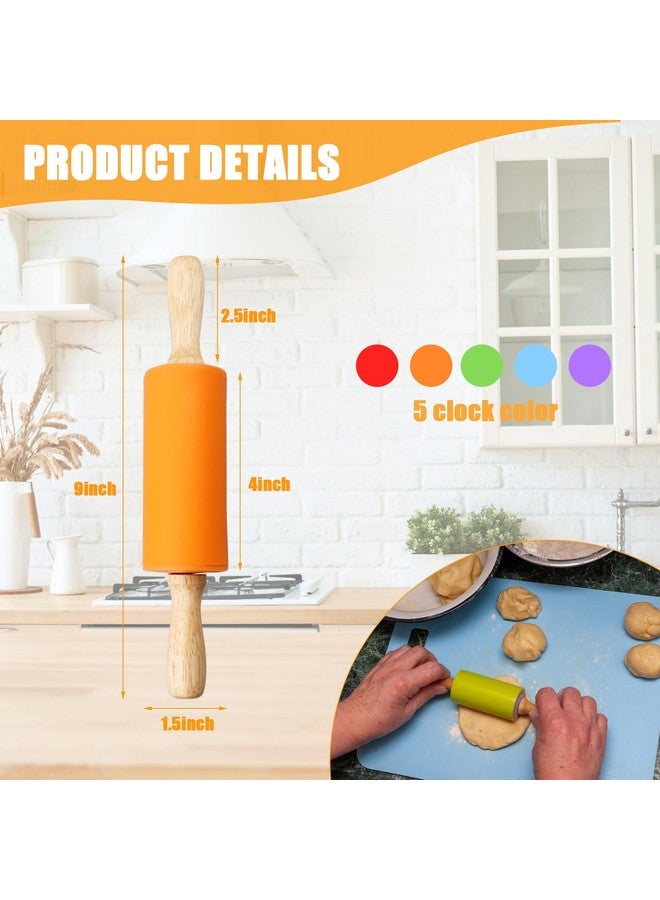 Tinsky 10Pcs 9 Inch Silicone Small Rolling Pin for Kids Wooden Rolling Pins for Baking Mini Rolling Pin Silicone 5 Colors Wooden Handle Rolling Pin for Kitchen Cake Baking Cookie - Image 5