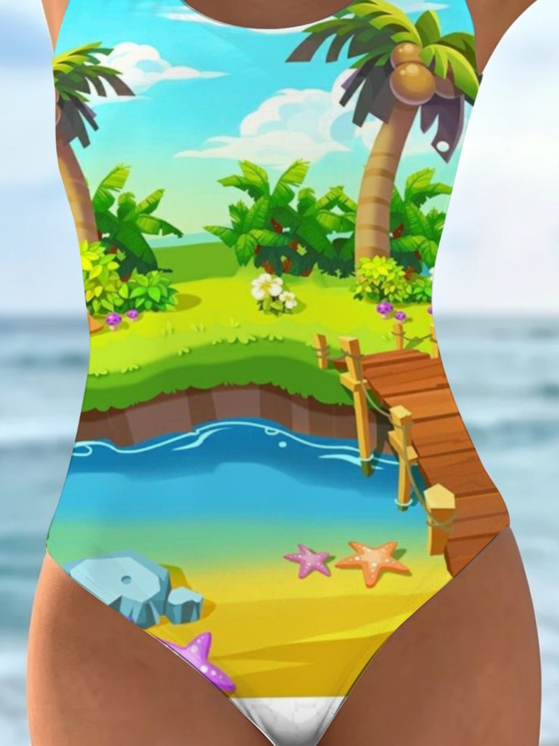 Cartoon Tropical Beach Island Landscape Print One‑Piece Swimsuit Women Summer Sleeveless Bathing Suit - Image 5