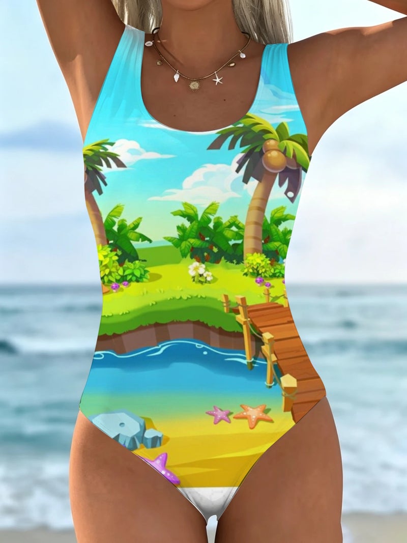 Cartoon Tropical Beach Island Landscape Print One‑Piece Swimsuit Women Summer Sleeveless Bathing Suit - Image 1