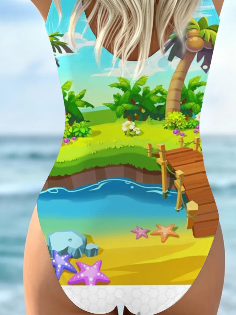 Cartoon Tropical Beach Island Landscape Print One‑Piece Swimsuit Women Summer Sleeveless Bathing Suit - Image 4
