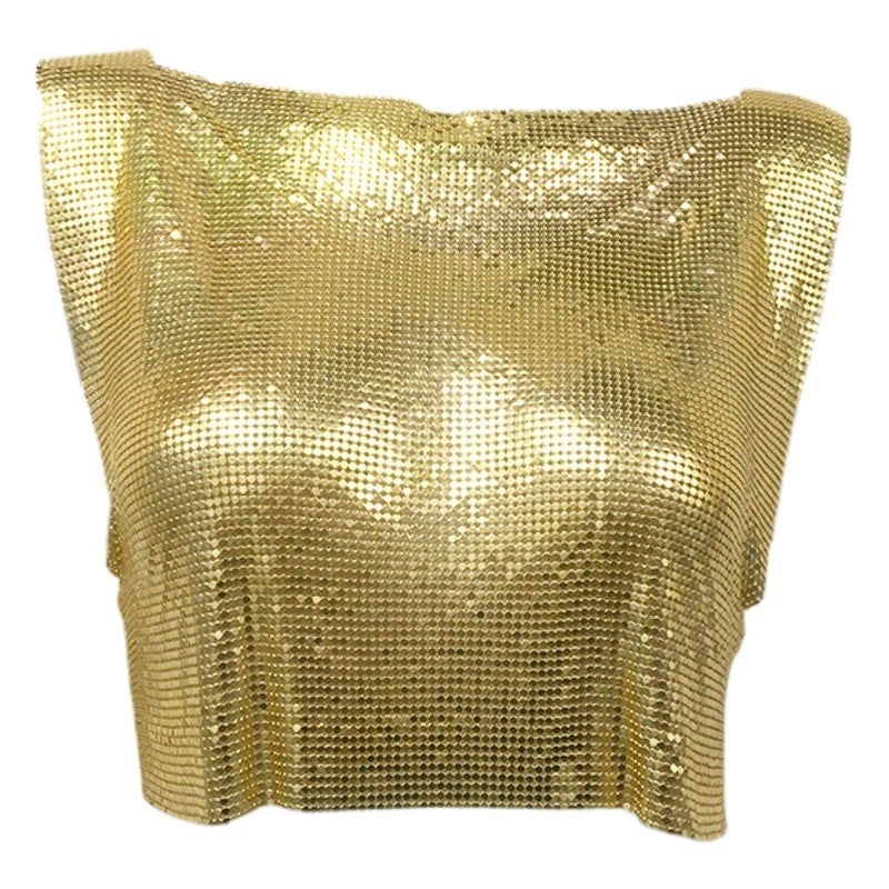 2024 Summer Cross-Border Hot Fashion and Clothing Metal One-Line Collar Sleeveless T-Shirt Personalized Hot Girl Short Top - Image 2