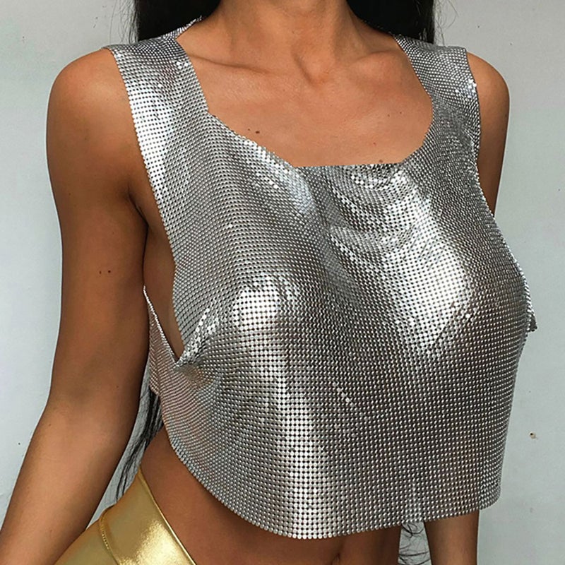 2024 Summer Cross-Border Hot Fashion and Clothing Metal One-Line Collar Sleeveless T-Shirt Personalized Hot Girl Short Top - Image 4