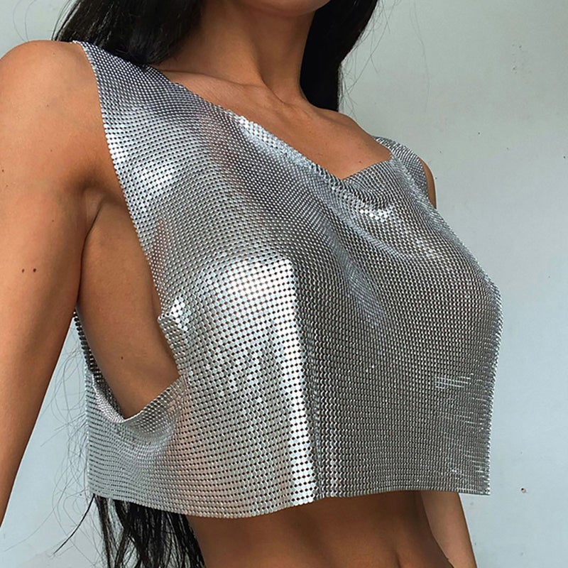 2024 Summer Cross-Border Hot Fashion and Clothing Metal One-Line Collar Sleeveless T-Shirt Personalized Hot Girl Short Top - Image 3