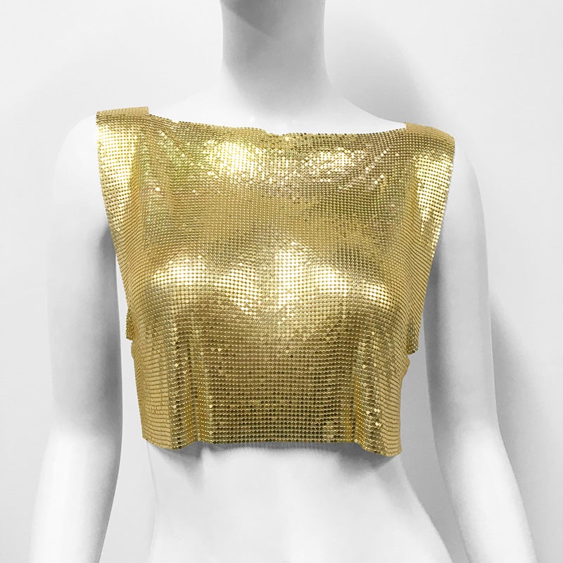 2024 Summer Cross-Border Hot Fashion and Clothing Metal One-Line Collar Sleeveless T-Shirt Personalized Hot Girl Short Top - Image 1