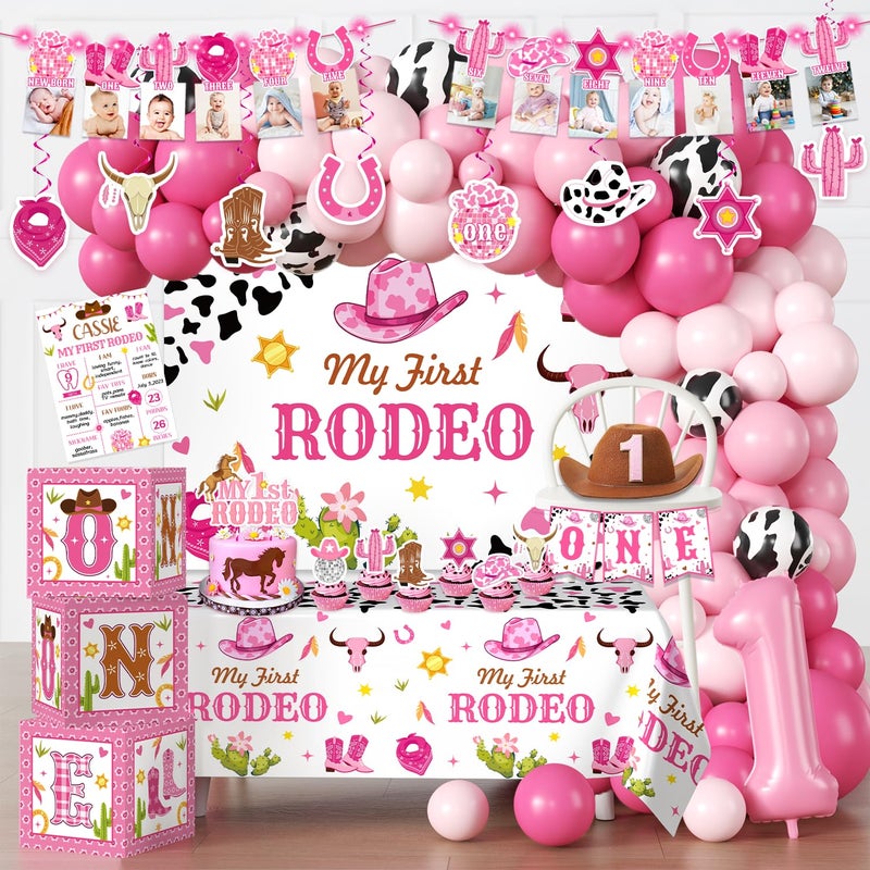 cocomigo 131Pcs My First Rodeo Decorations Girl with Cowgirl Hat Tablecloth Photo Banner Balloon Boxes Backdrop Balloon Arch for Pink First Birthday Decorations for Girl - Image 2