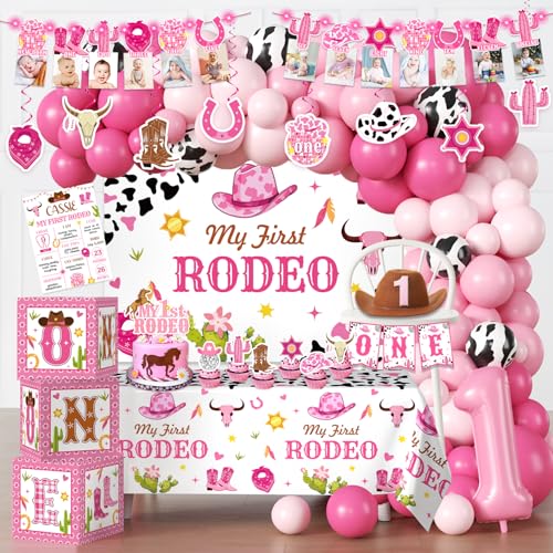 cocomigo 131Pcs My First Rodeo Decorations Girl with Cowgirl Hat Tablecloth Photo Banner Balloon Boxes Backdrop Balloon Arch for Pink First Birthday Decorations for Girl - Image 1