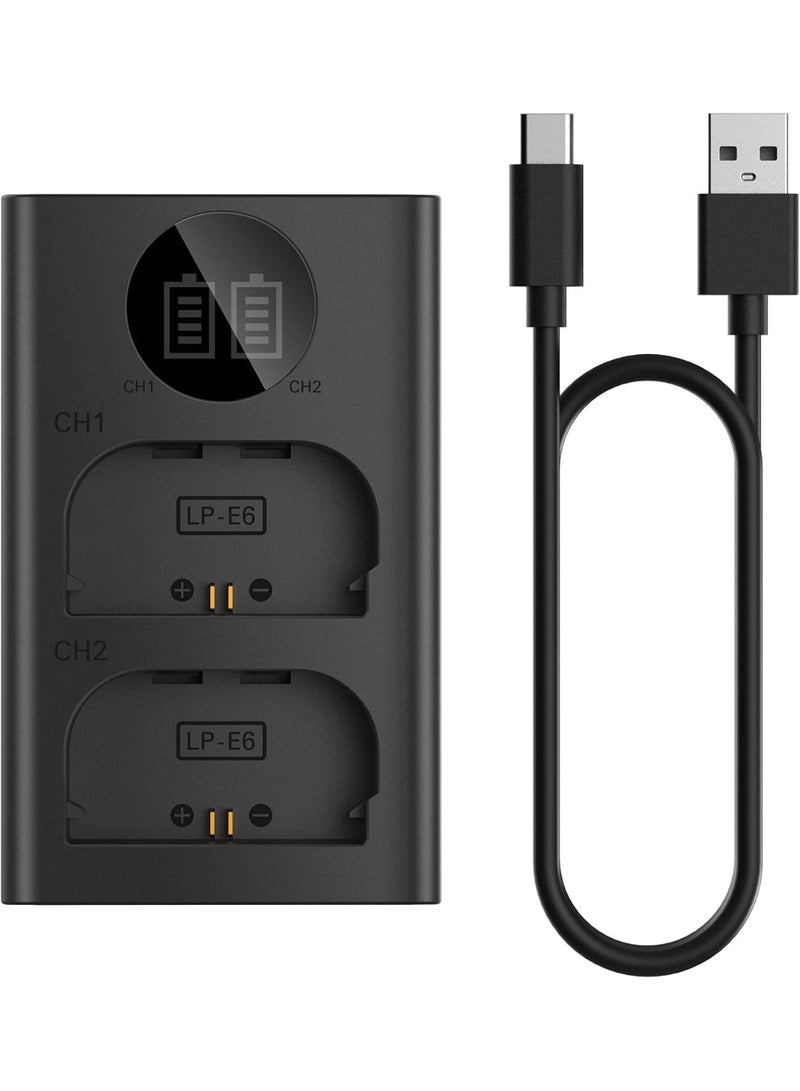 Dual USB Camera Battery Charger for LP-E6 Compatible with LC-E6 LC-E6N EOS 90D 80D 70D 60D 60DA 7D Mark II 7D 6D Mark II 6D 5D Mark IV 5D Mark III 5D Mark II Batteries LCD Display Fast Charging - Image 1