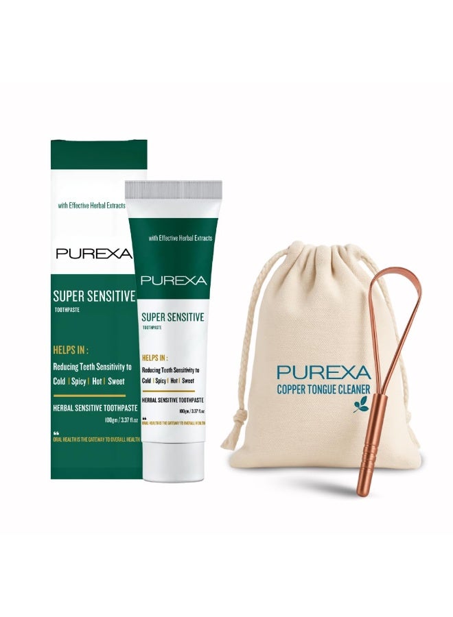 PUREXA مجموعة PUREXA العشبية للعناية بالفم والأسنان الحساسة | تشمل معجون أسنان واحد للأسنان الحساسة (100 جم) وأداتين لتنظيف اللسان (على شكل حرف Q) | تركيبة أيورفيدية للأسنان الحساسة، وانتعاش النفس، وتنظيف اللسان. - Image 1