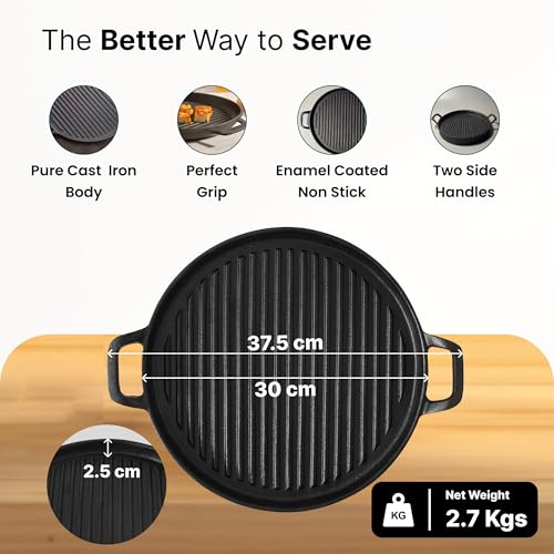 UMAI Cast Iron Grill Pan (30 cm) with Two Side Handles | Silicone Sleeve | Gas and Induction Compatible Kitchen | Tikka/Kebab/Skewer/Barbeque/Sandwich Maker | Tandoor Grill Pan - Image 4