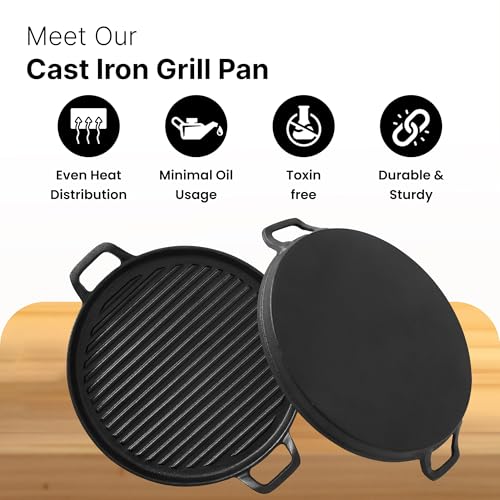 UMAI Cast Iron Grill Pan (30 cm) with Two Side Handles | Silicone Sleeve | Gas and Induction Compatible Kitchen | Tikka/Kebab/Skewer/Barbeque/Sandwich Maker | Tandoor Grill Pan - Image 3