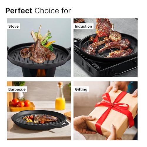 UMAI Cast Iron Grill Pan (30 cm) with Two Side Handles | Silicone Sleeve | Gas and Induction Compatible Kitchen | Tikka/Kebab/Skewer/Barbeque/Sandwich Maker | Tandoor Grill Pan - Image 5