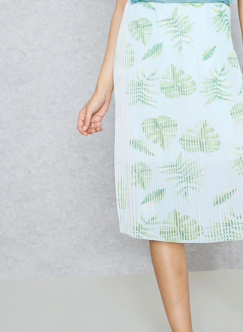 Ginger Leaf Print Pleated Skirt