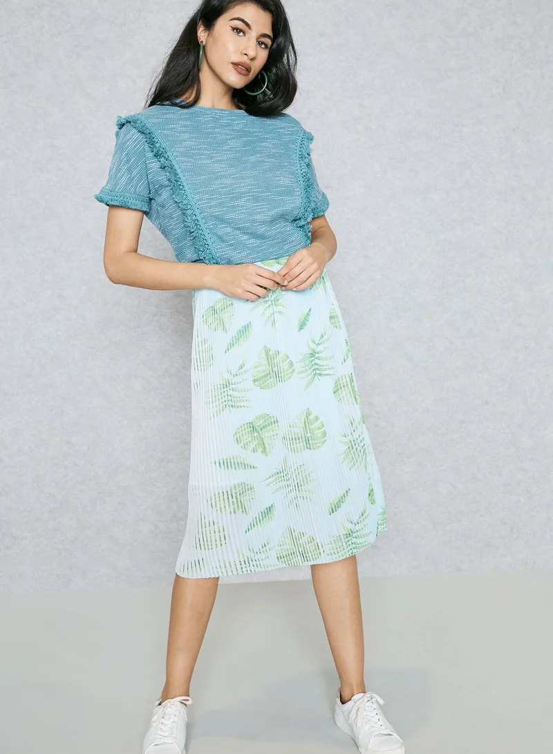 Ginger Leaf Print Pleated Skirt