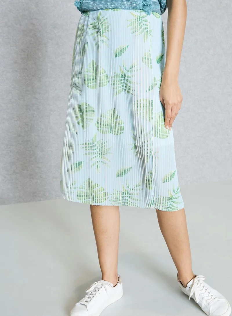 Ginger Leaf Print Pleated Skirt
