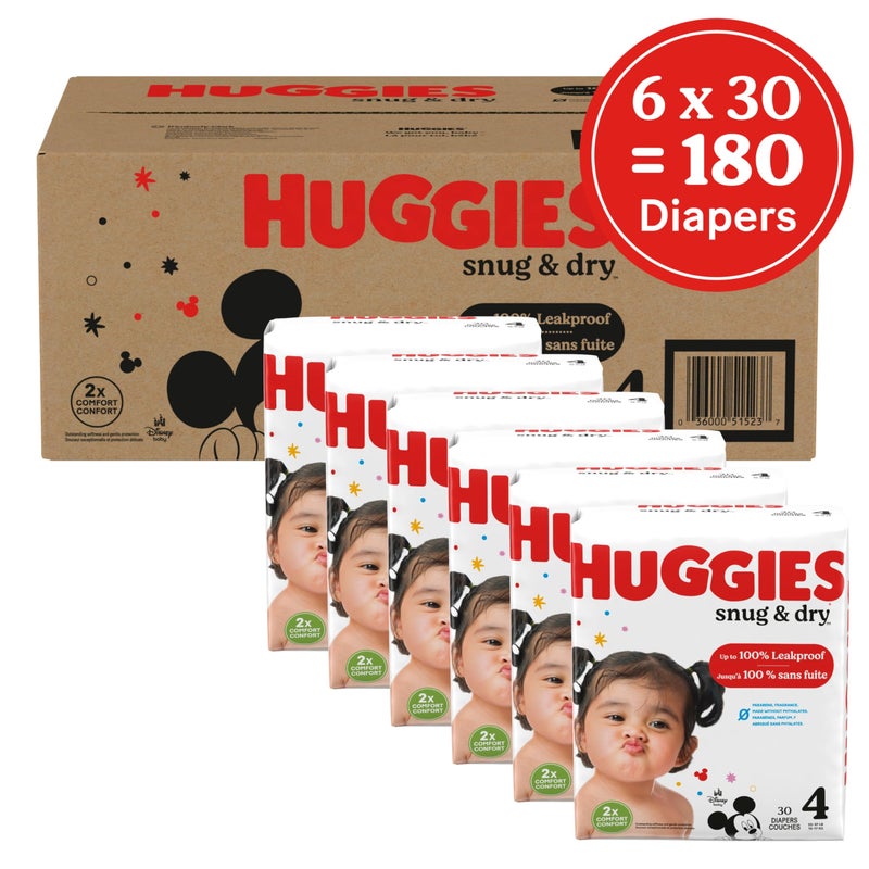 Huggies Size 4 Diapers, Snug & Dry Baby Diapers, Size 4 (22-37 lbs), 180 Count - Image 2