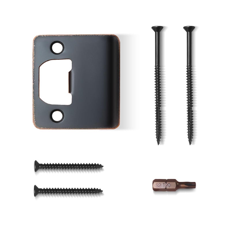 Mosecyou Extended Strike Plate 2"" X 2-1/4""  Heavy Duty Version With 1.55""  3"" Torx/Star Screws & Bit  Extender Lip Door Latch Striker With Restorer Kit (Oil Rubbed Bronze  1 Pack) - Image 1