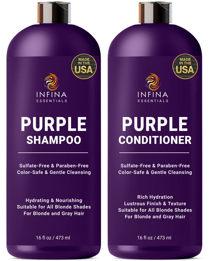 INFINA ESSENTIALS Purple Shampoo and Conditioner Set  Sulfate Free Enriched with Coconut Oil  Aloe Vera Ideal for Blonde Gray Brassy  Color Treated Hair Nourishes  Hydrates  16 fl oz each