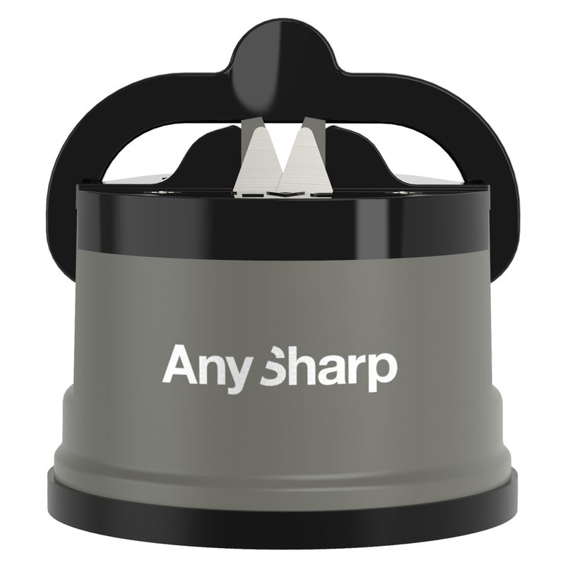 أداة شحذ السكاكين AnySharp بدون استخدام اليدين مع قوة الشفط لتشحذ بأمان جميع سكاكين المطبخ مثالية للصلب المقسى والمسنن الأفضل في العالم بحجم مدمج واحد باللون الرمادي
