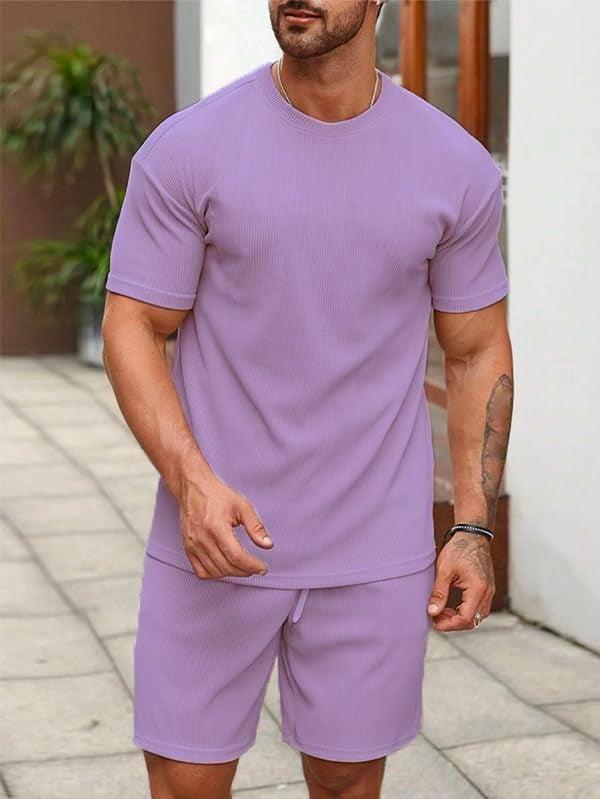 SMOWKLY Men's Pyjama Set || T-Shirt and Shorts Set for Men || Night Wear for Men || Night Suit for Men (1164_MTNS_LVNDR_XL) Lavender - Image 5