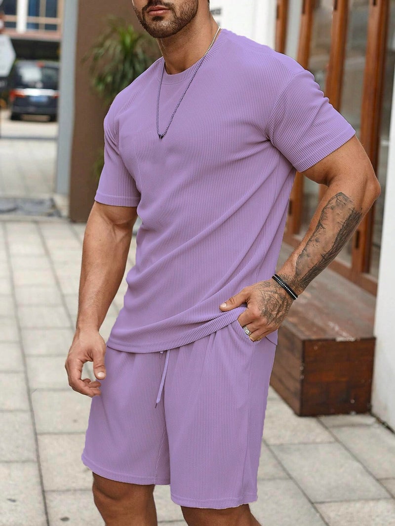 SMOWKLY Men's Pyjama Set || T-Shirt and Shorts Set for Men || Night Wear for Men || Night Suit for Men (1164_MTNS_LVNDR_XL) Lavender - Image 4